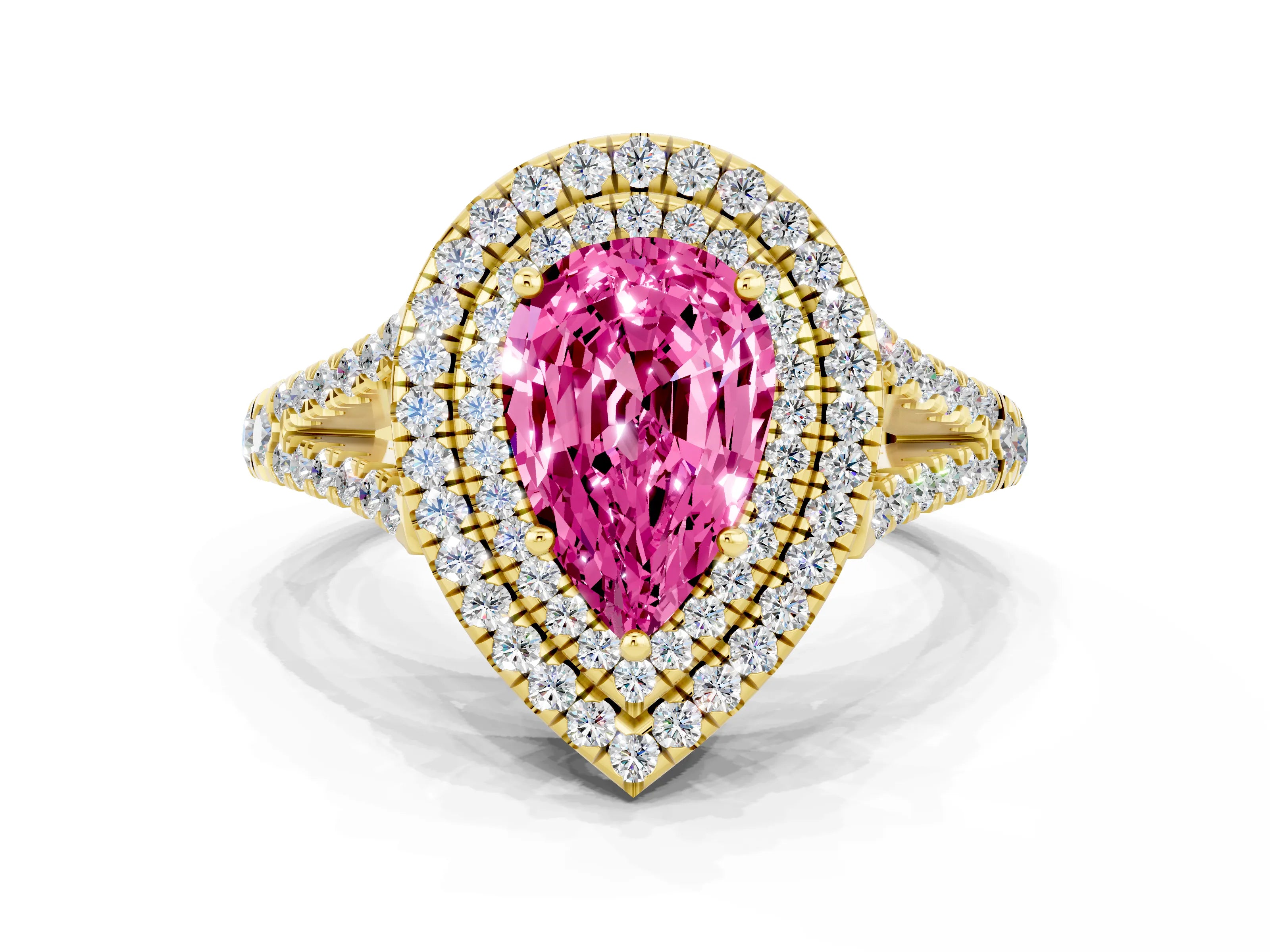 Yellow gold Pear Cut Pink Sapphire Double Halo Ring with Pavé Band and Prong Setting_12