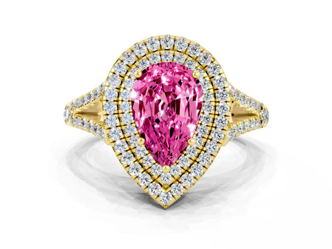 Yellow gold Pear Cut Pink Sapphire Double Halo Ring with Pavé Band and Prong Setting_12