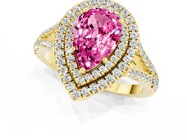 Yellow gold Pear Cut Pink Sapphire Double Halo Ring with Pavé Band and Prong Setting