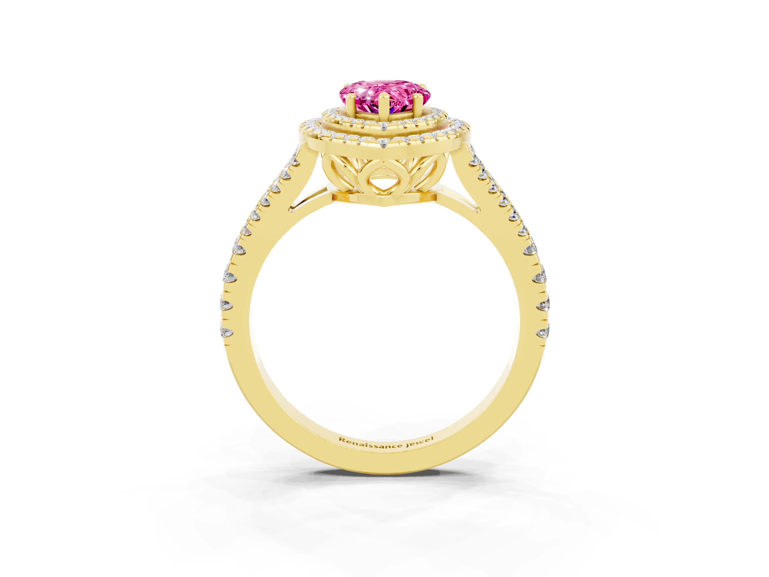 Yellow gold Pear Cut Pink Sapphire Double Halo Ring with Pavé Band and Prong Setting_15