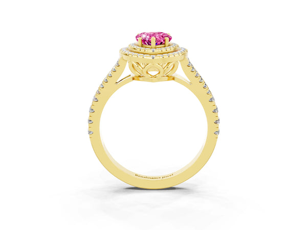 Yellow gold Pear Cut Pink Sapphire Double Halo Ring with Pavé Band and Prong Setting