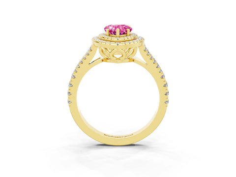 Yellow gold Pear Cut Pink Sapphire Double Halo Ring with Pavé Band and Prong Setting_15