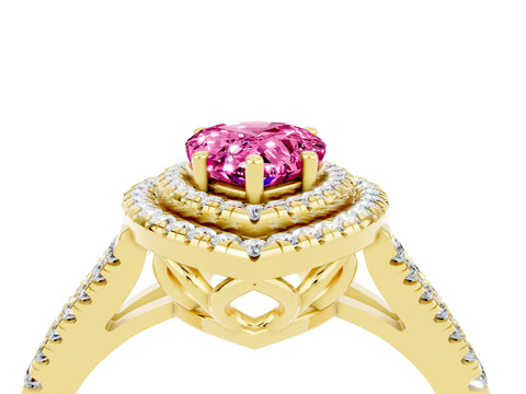 Yellow gold Pear Cut Pink Sapphire Double Halo Ring with Pavé Band and Prong Setting_16