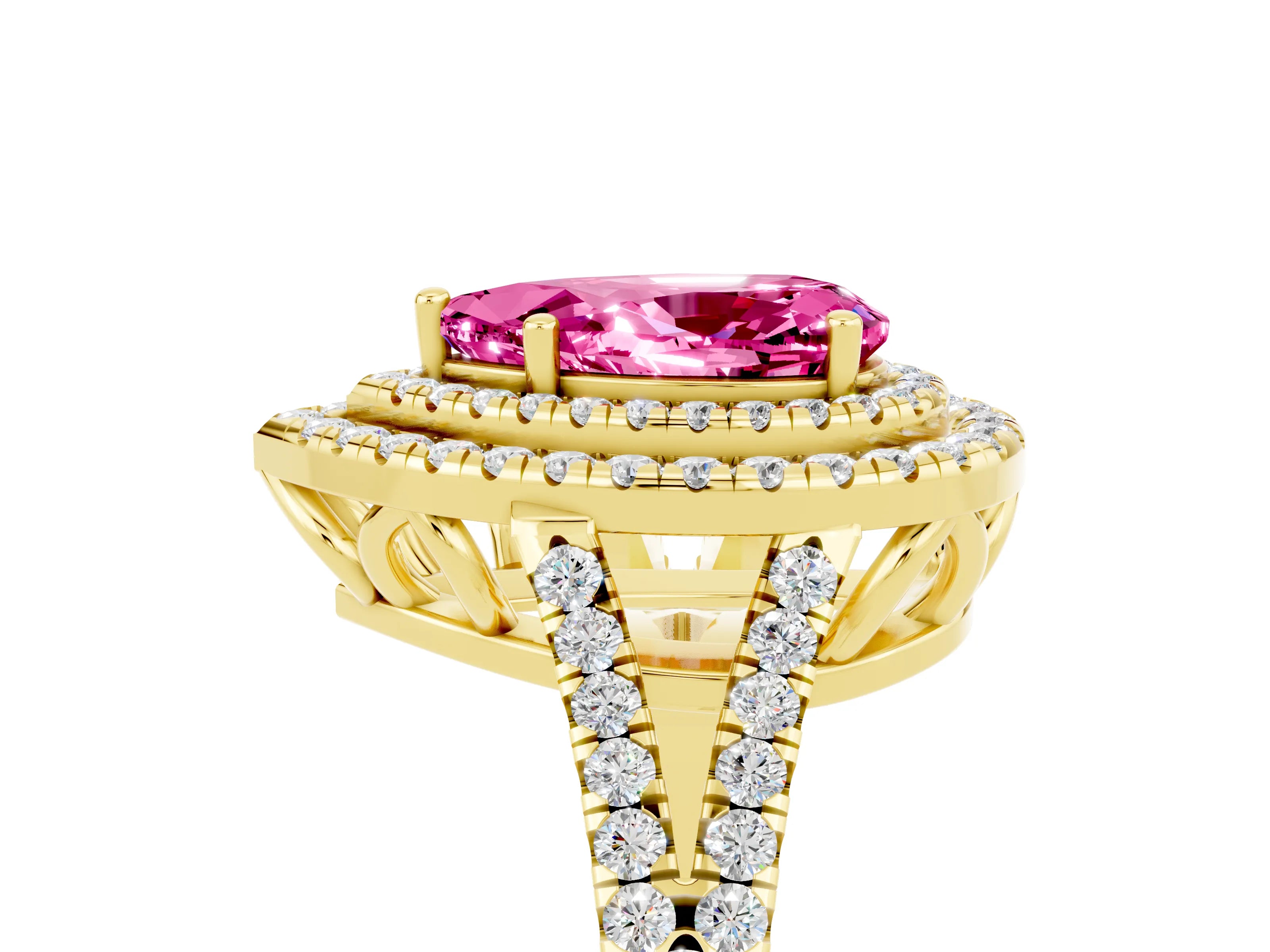 Yellow gold Pear Cut Pink Sapphire Double Halo Ring with Pavé Band and Prong Setting_17