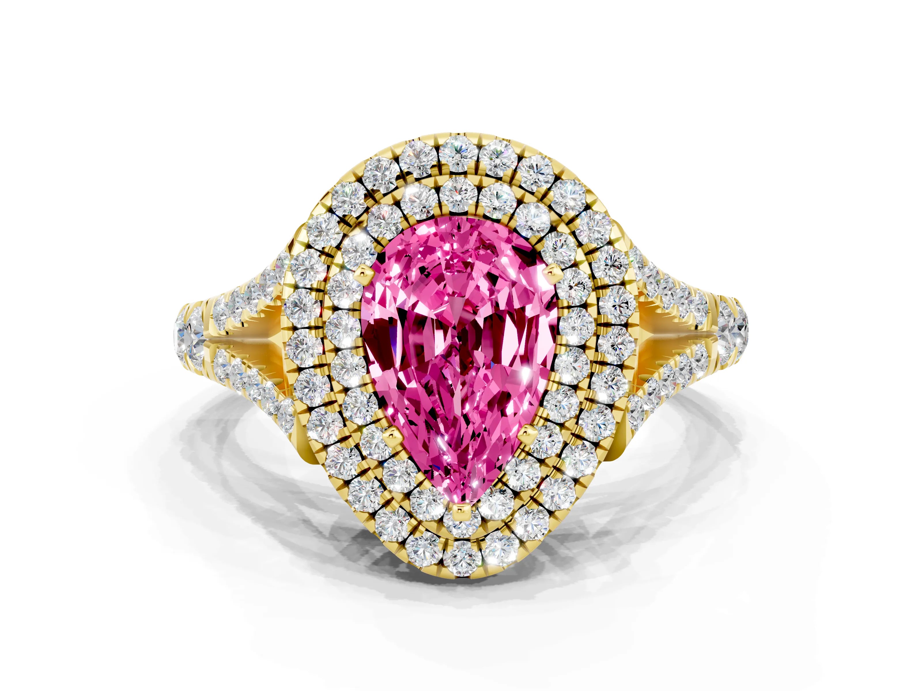 Yellow gold Pear Cut Pink Sapphire Double Halo Ring with Split Shank and Prong Setting_12