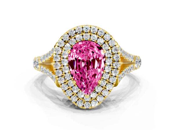 Yellow gold Pear Cut Pink Sapphire Double Halo Ring with Split Shank and Prong Setting