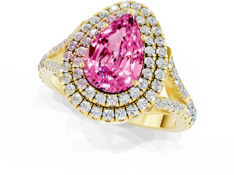 Yellow gold Pear Cut Pink Sapphire Double Halo Ring with Split Shank and Prong Setting_13