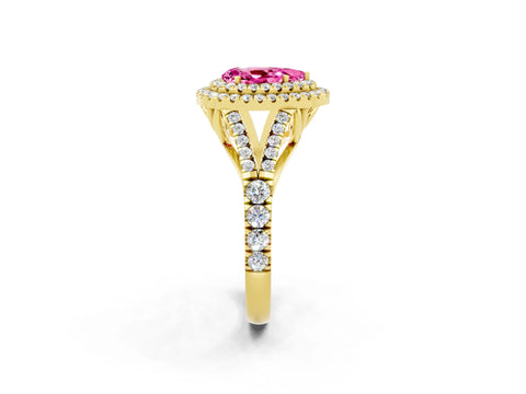 Yellow gold Pear Cut Pink Sapphire Double Halo Ring with Split Shank and Prong Setting_14