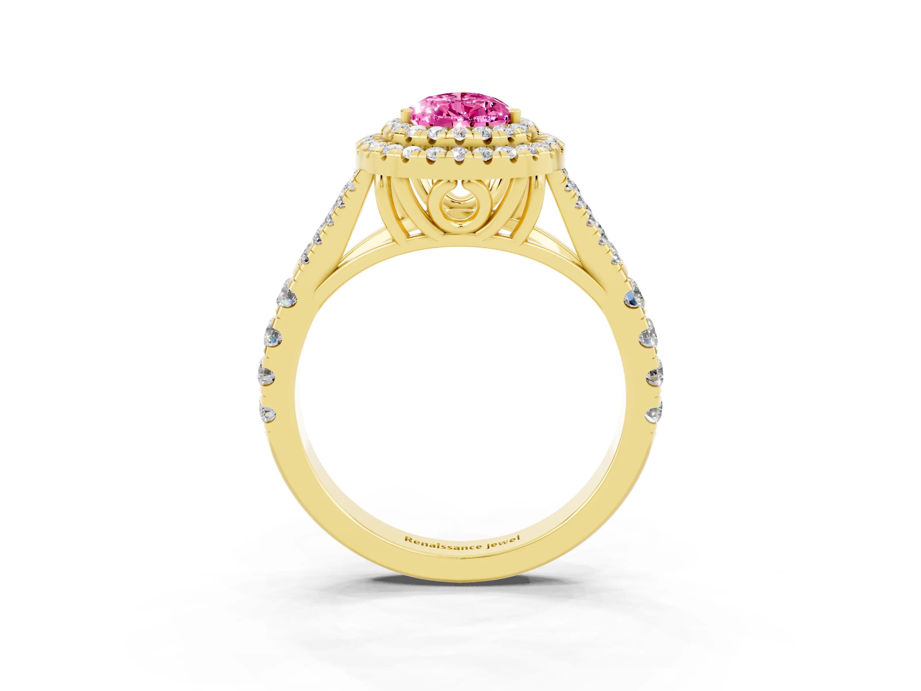 Yellow gold Pear Cut Pink Sapphire Double Halo Ring with Split Shank and Prong Setting_15