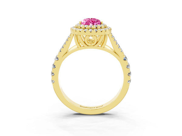 Yellow gold Pear Cut Pink Sapphire Double Halo Ring with Split Shank and Prong Setting