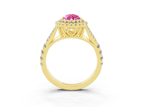 Yellow gold Pear Cut Pink Sapphire Double Halo Ring with Split Shank and Prong Setting_15