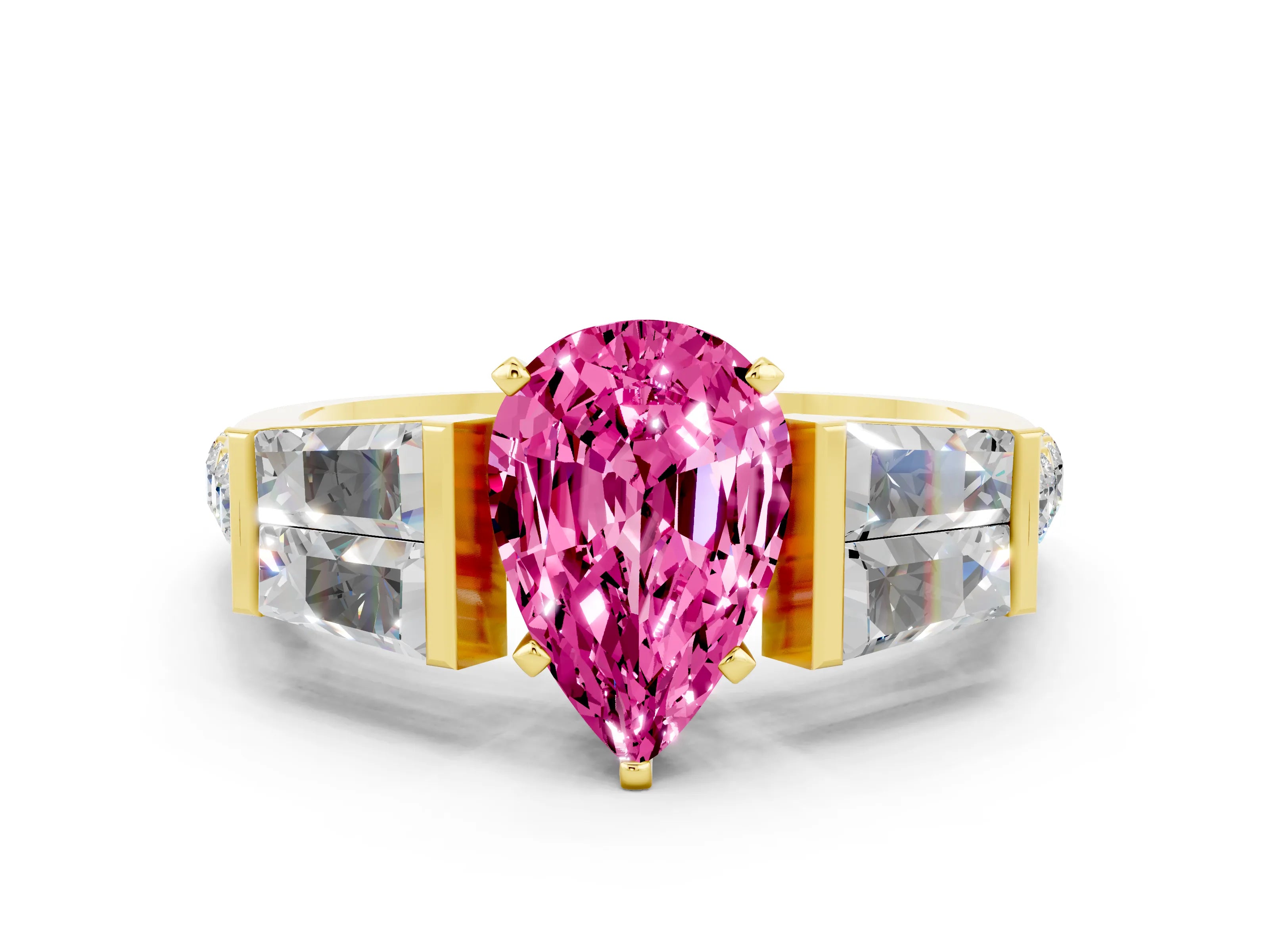 Yellow gold Pear Cut Pink Sapphire Engagement Ring with Baguette Side Stones and Channel Set Band