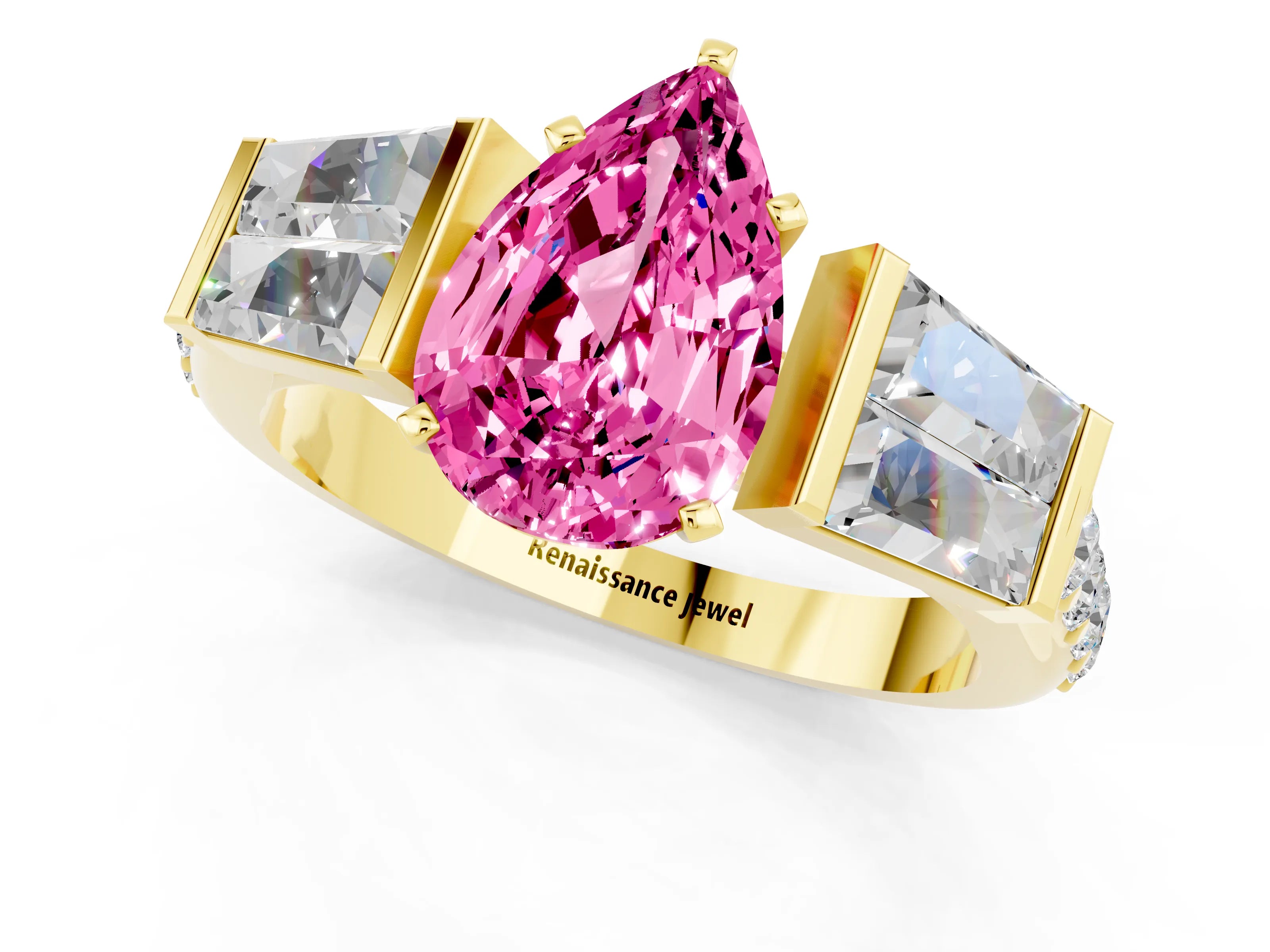Yellow gold Pear Cut Pink Sapphire Engagement Ring with Baguette Side Stones and Channel Set Band_1