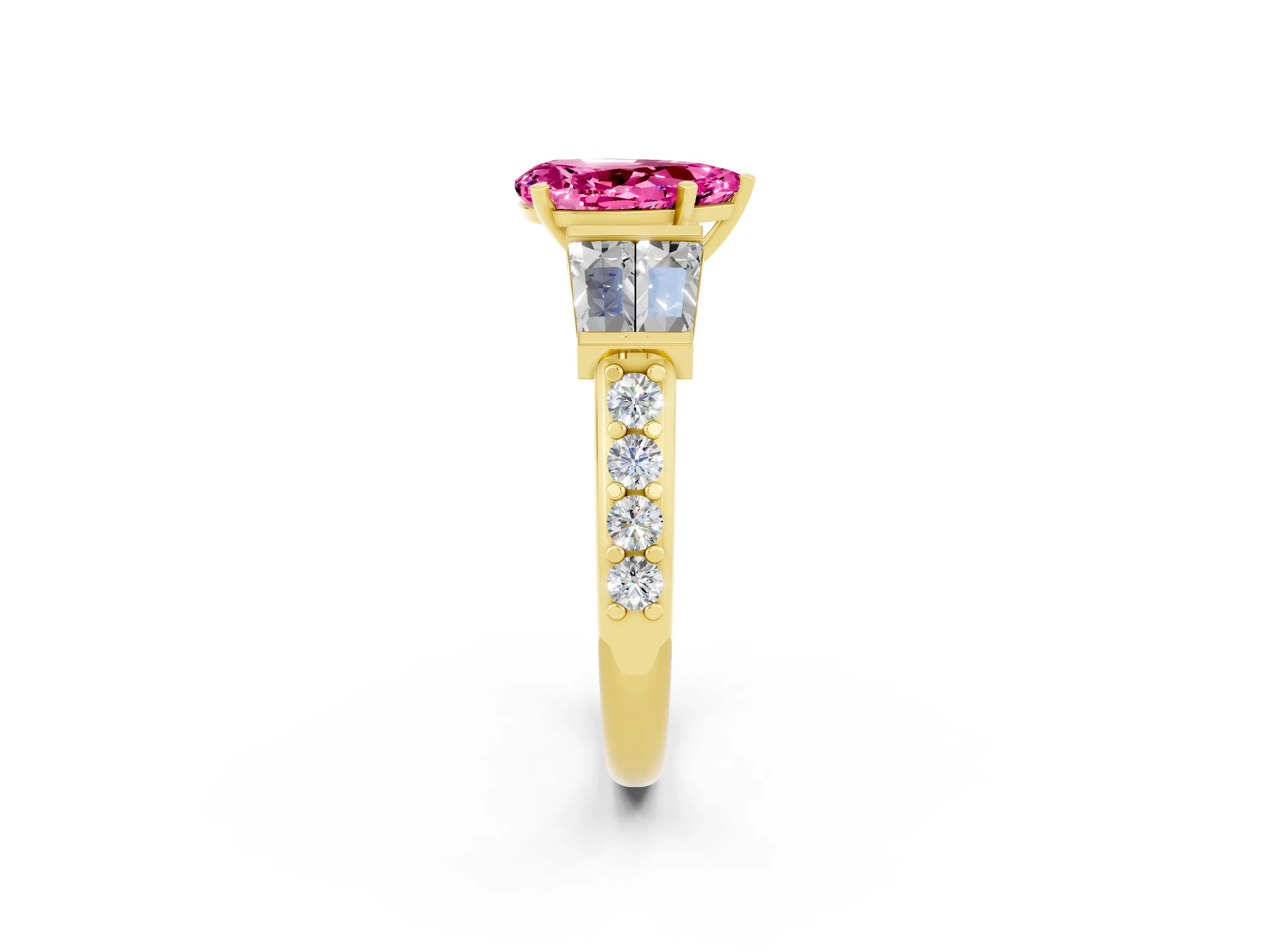 Yellow gold Pear Cut Pink Sapphire Engagement Ring with Baguette Side Stones and Channel Set Band_2