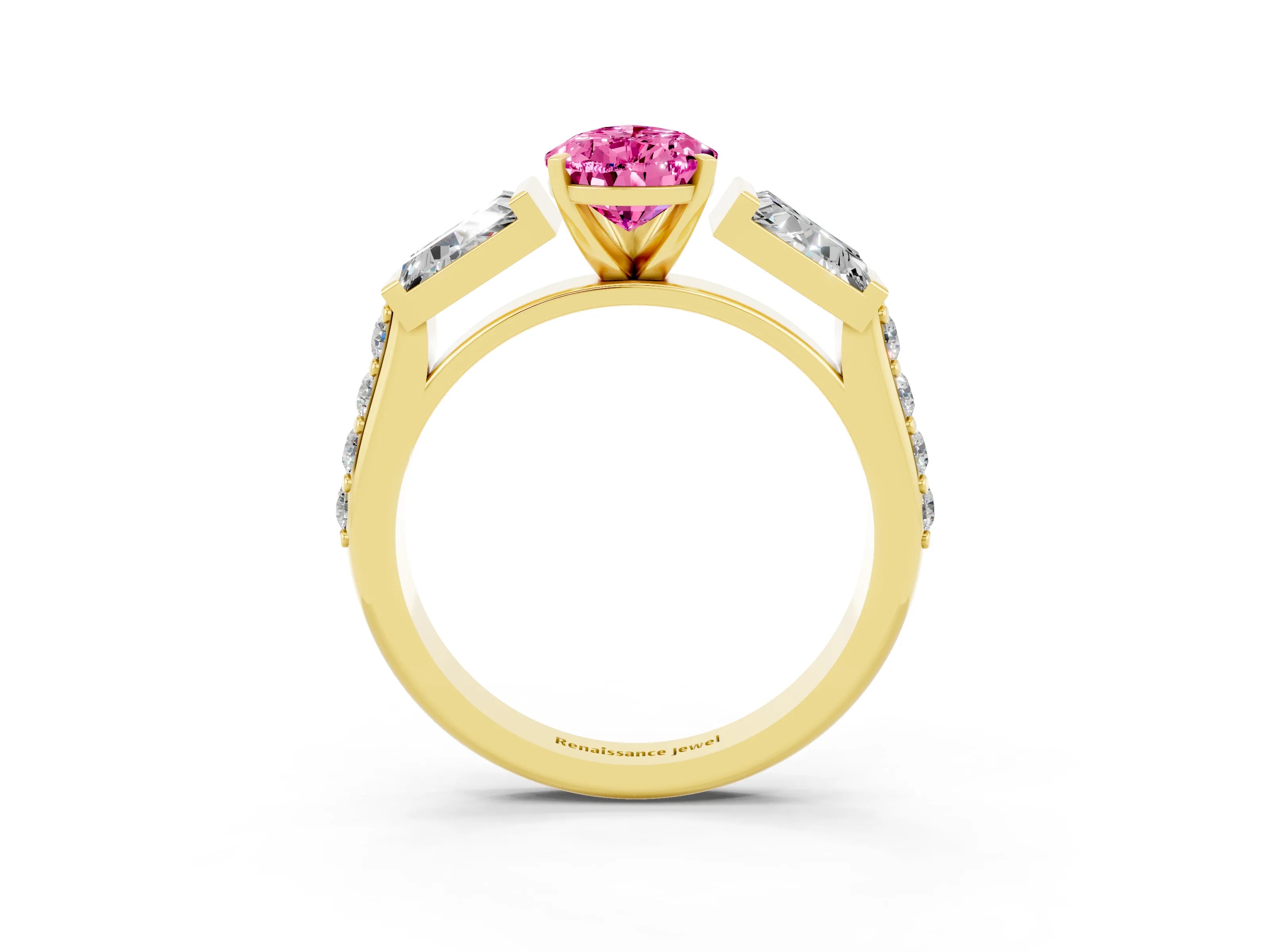 Yellow gold Pear Cut Pink Sapphire Engagement Ring with Baguette Side Stones and Channel Set Band_3
