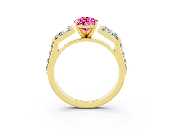 Yellow gold Pear Cut Pink Sapphire Engagement Ring with Baguette Side Stones and Channel Set Band