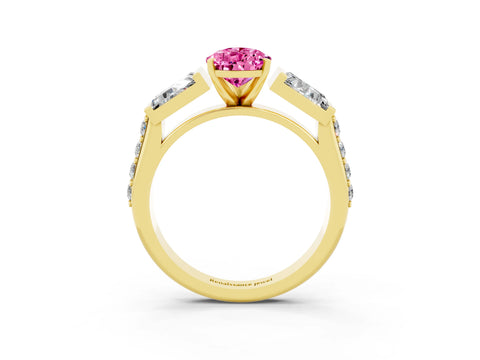 Yellow gold Pear Cut Pink Sapphire Engagement Ring with Baguette Side Stones and Channel Set Band_3