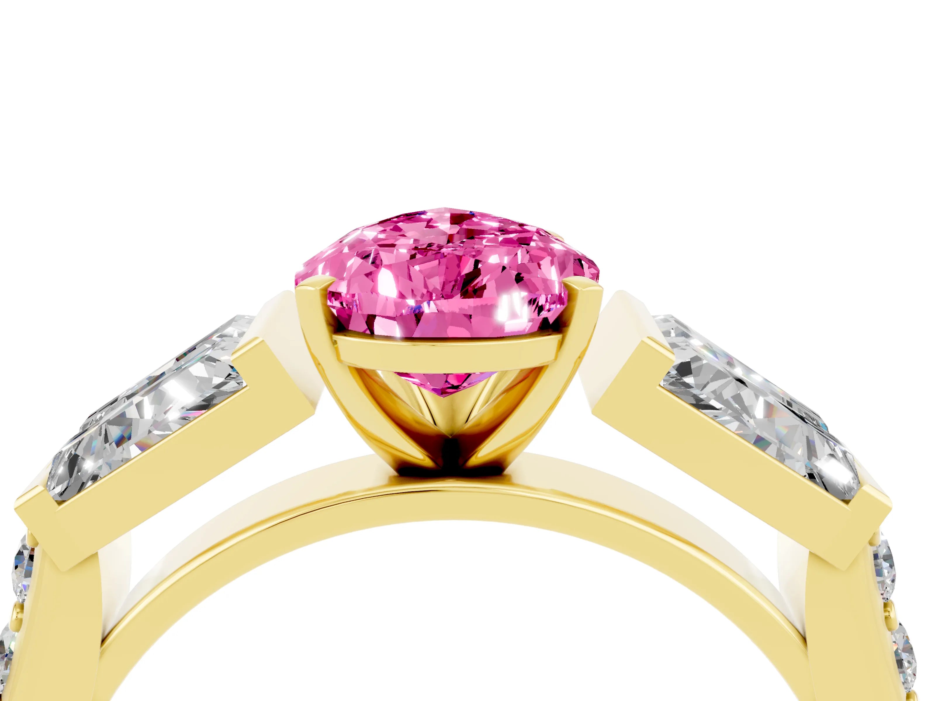 Yellow gold Pear Cut Pink Sapphire Engagement Ring with Baguette Side Stones and Channel Set Band_4