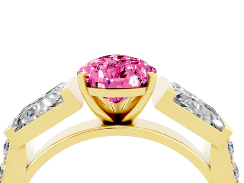 Yellow gold Pear Cut Pink Sapphire Engagement Ring with Baguette Side Stones and Channel Set Band_4