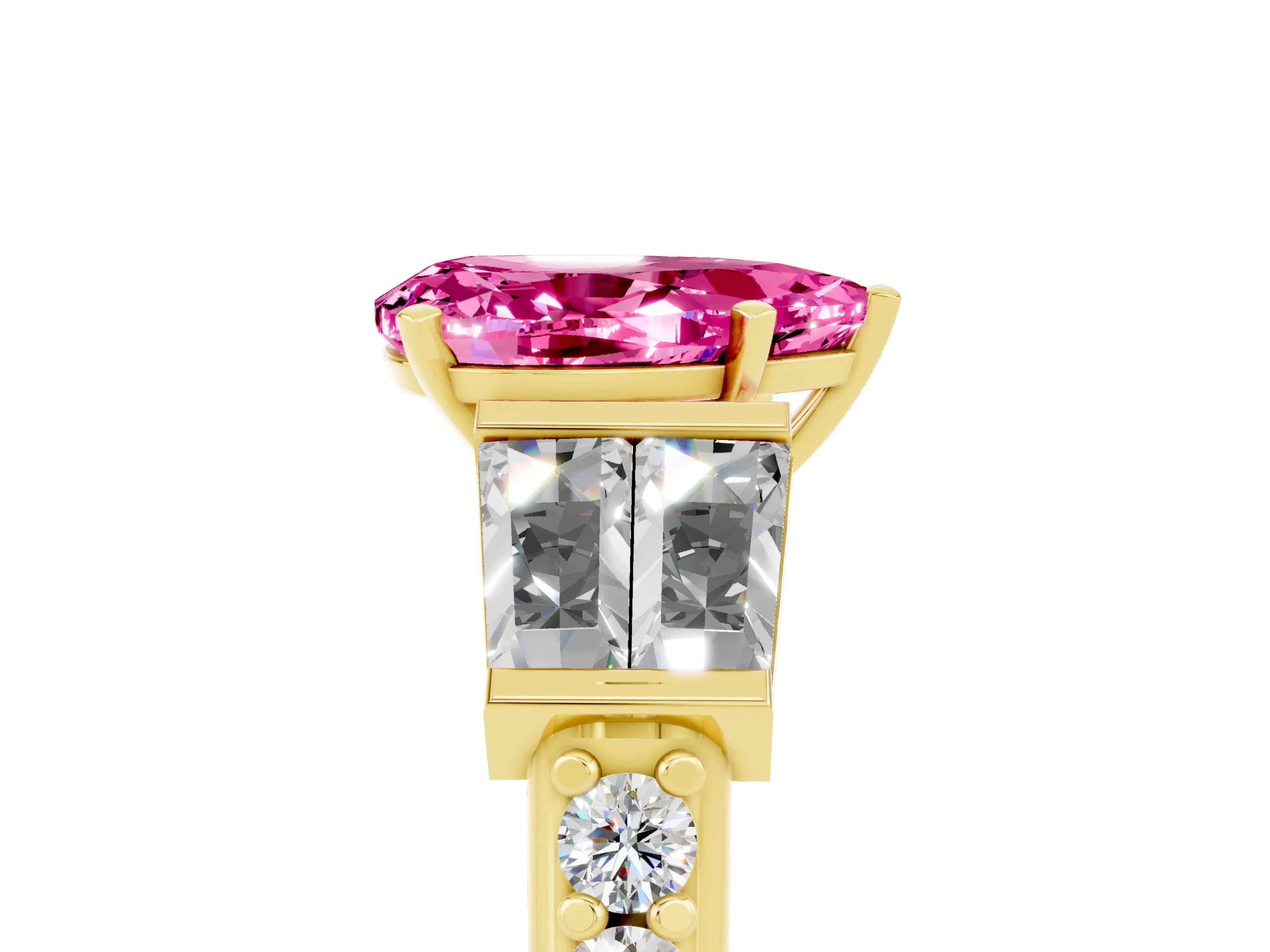 Yellow gold Pear Cut Pink Sapphire Engagement Ring with Baguette Side Stones and Channel Set Band_5