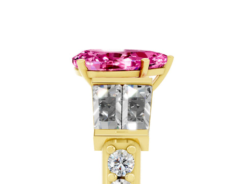 Yellow gold Pear Cut Pink Sapphire Engagement Ring with Baguette Side Stones and Channel Set Band_5