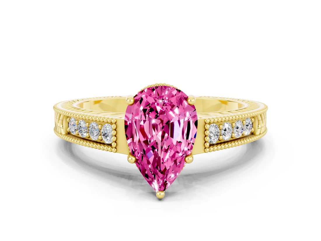 Yellow gold Pear Cut Pink Sapphire Engagement Ring with Milgrain Channel Set Band and Prong Setting_24