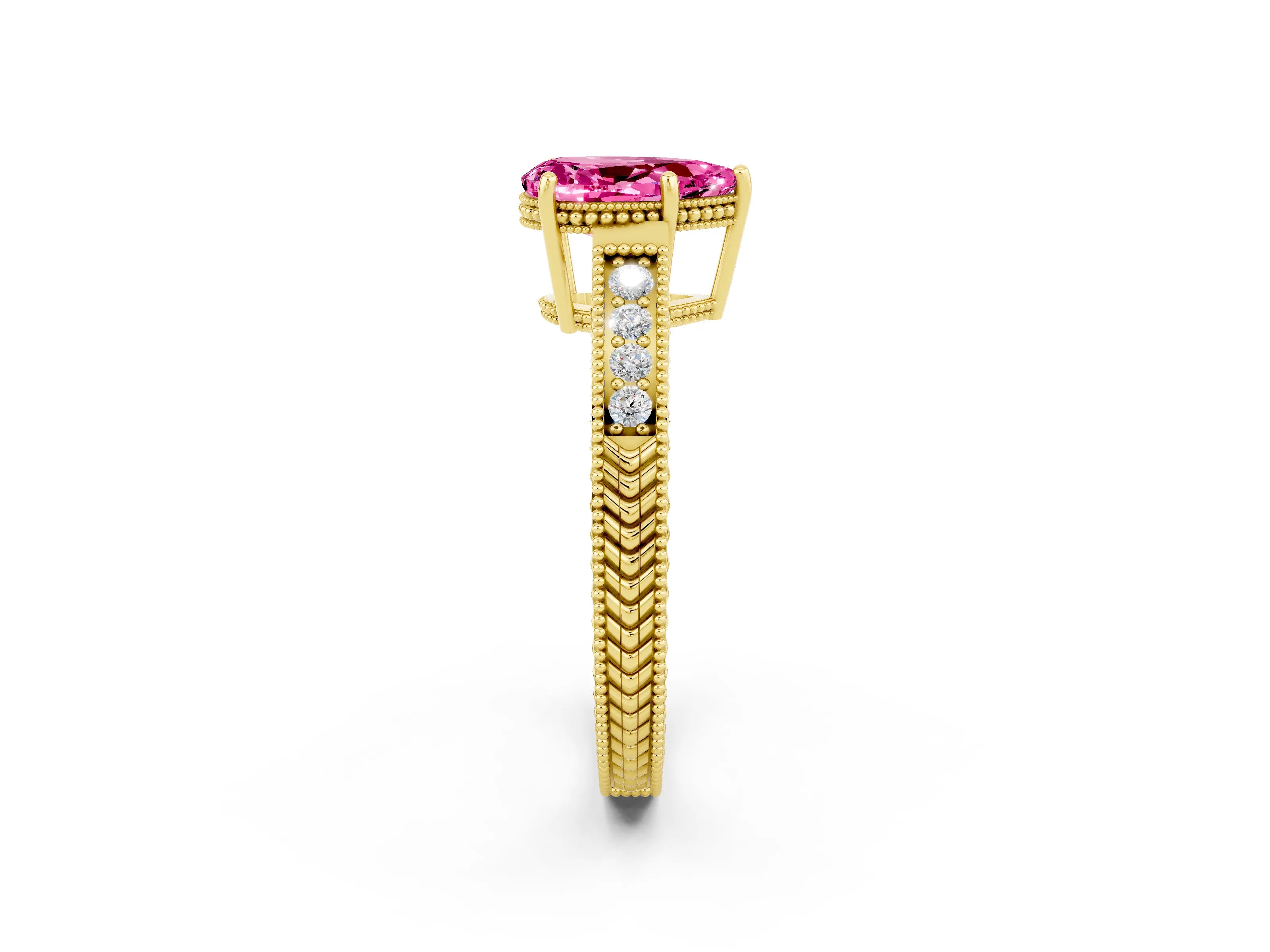 Yellow gold Pear Cut Pink Sapphire Engagement Ring with Milgrain Channel Set Band and Prong Setting_26