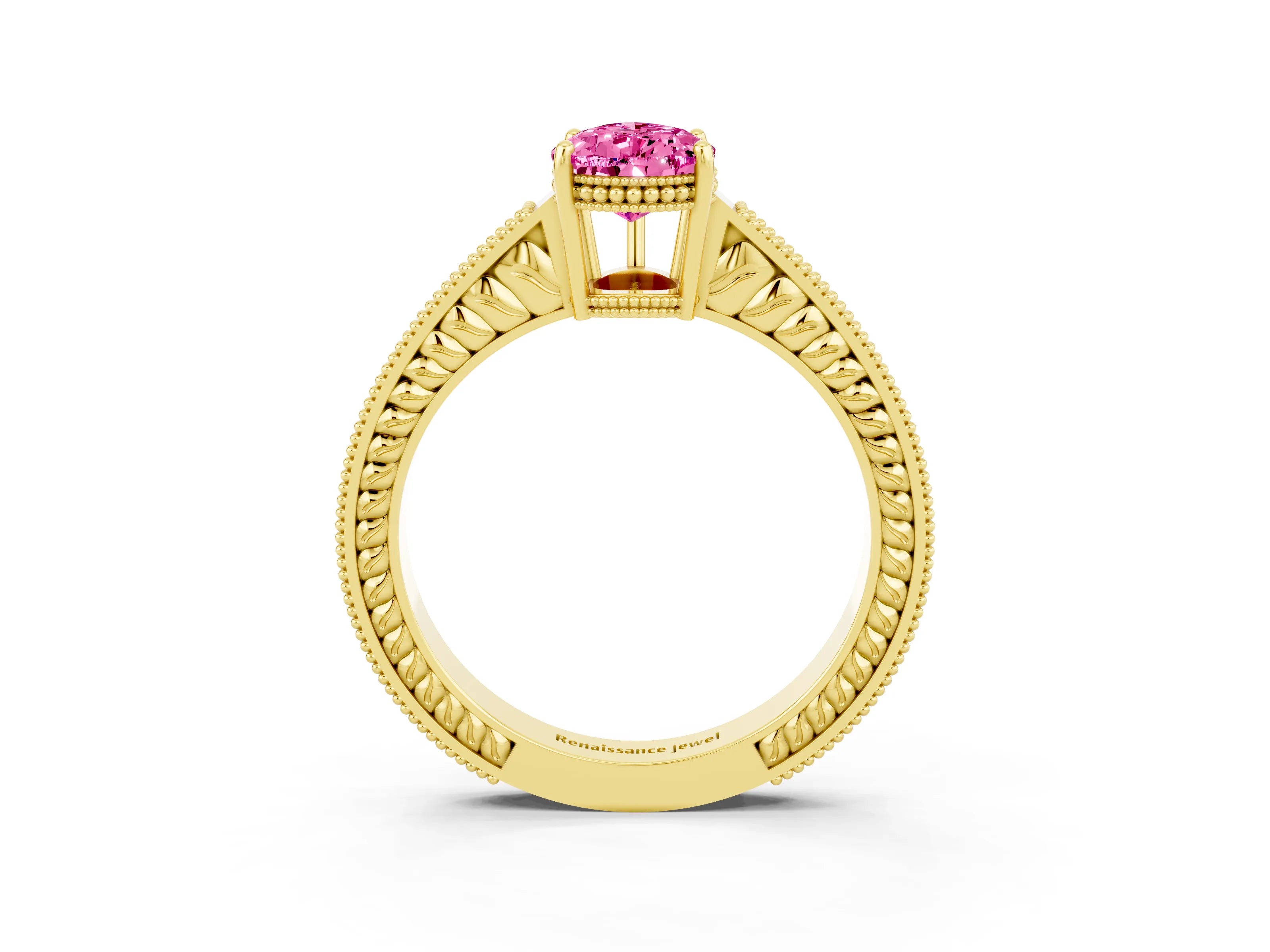 Yellow gold Pear Cut Pink Sapphire Engagement Ring with Milgrain Channel Set Band and Prong Setting_27