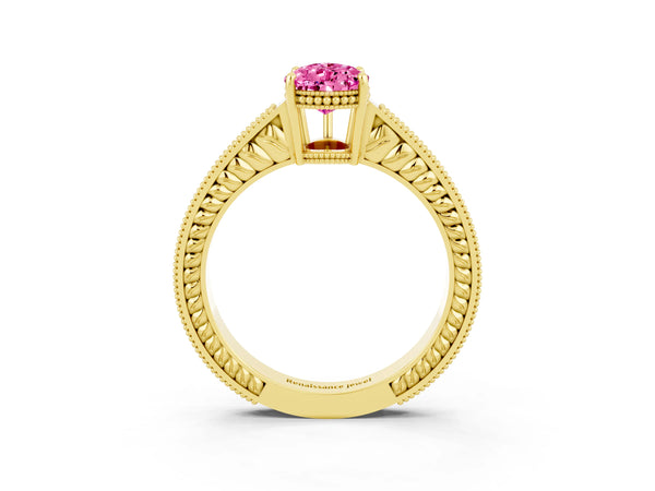 Yellow gold Pear Cut Pink Sapphire Engagement Ring with Milgrain Channel Set Band and Prong Setting