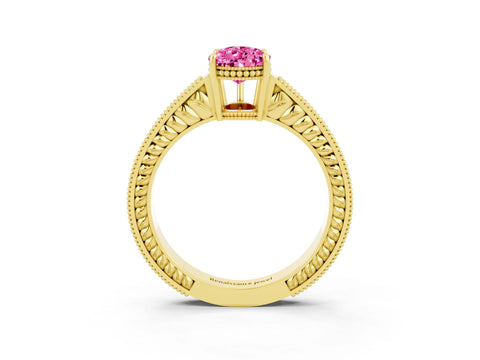 Yellow gold Pear Cut Pink Sapphire Engagement Ring with Milgrain Channel Set Band and Prong Setting_27