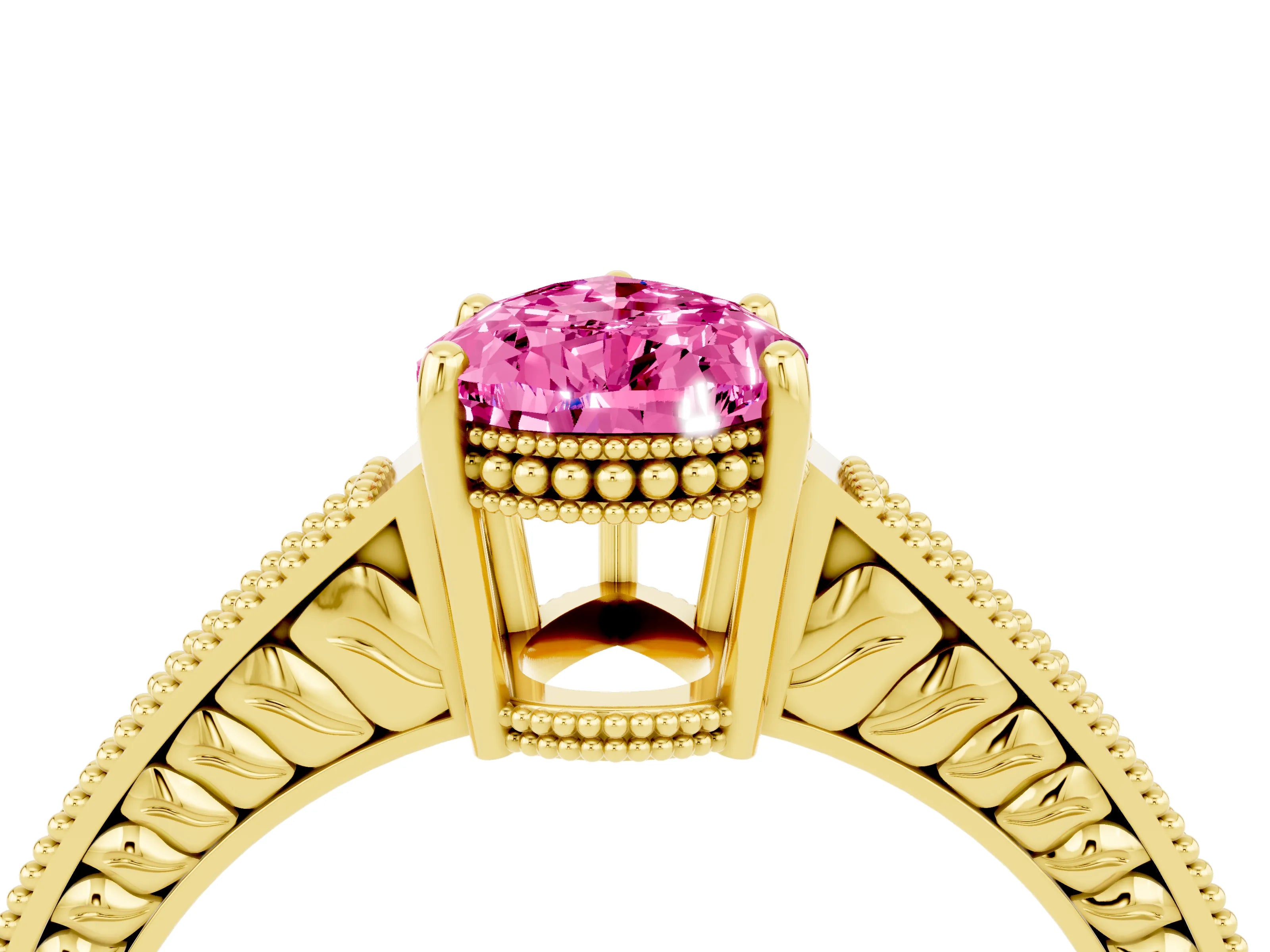 Yellow gold Pear Cut Pink Sapphire Engagement Ring with Milgrain Channel Set Band and Prong Setting_28