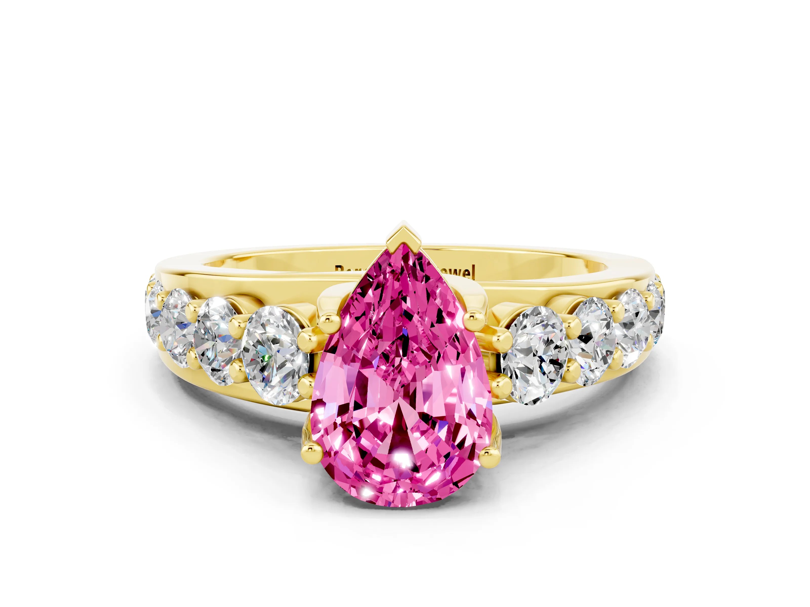 Yellow gold Pear Cut Pink Sapphire Engagement Ring with Pavé Band and Four-Prong Setting