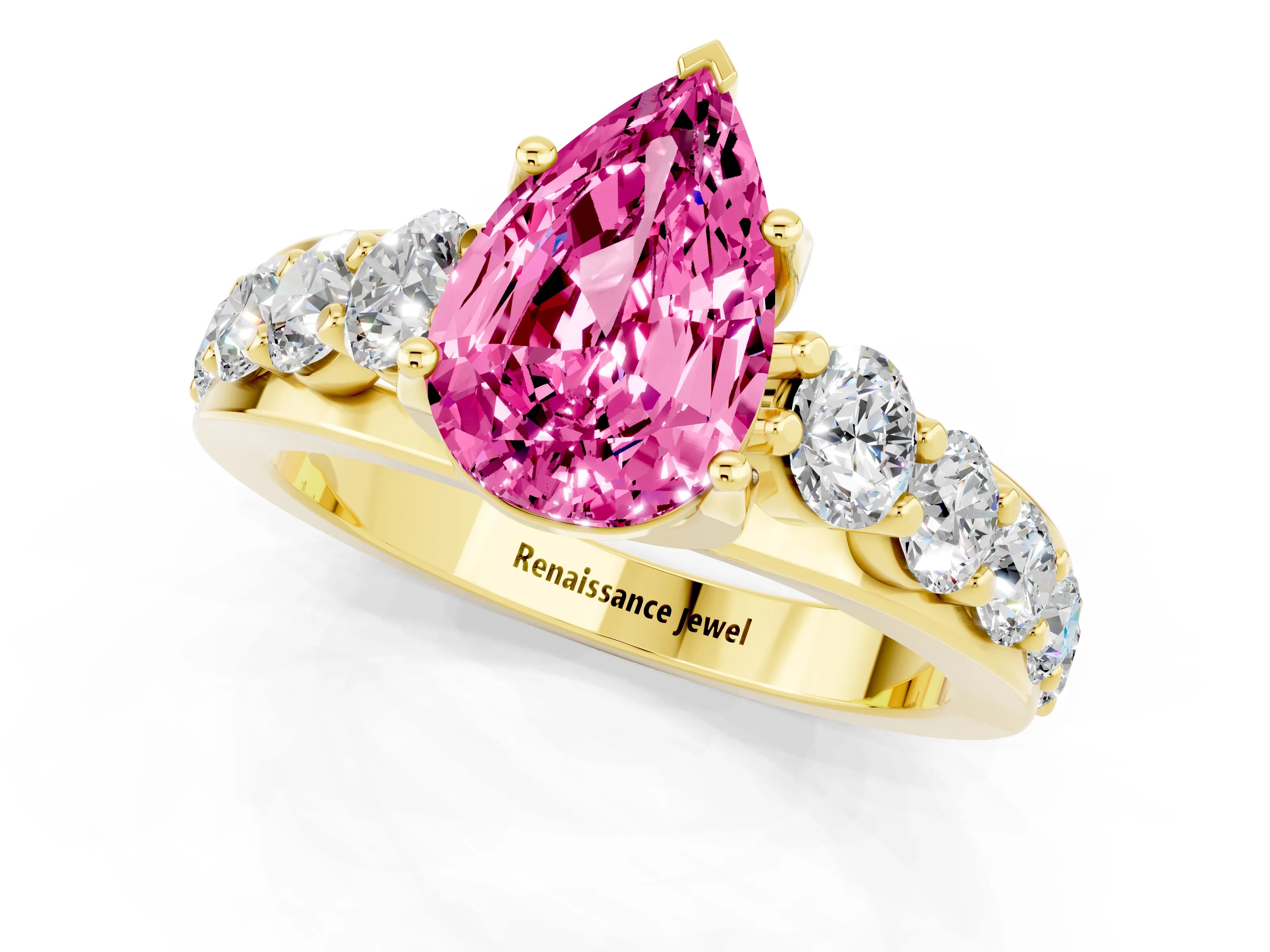 Yellow gold Pear Cut Pink Sapphire Engagement Ring with Pavé Band and Four-Prong Setting_1