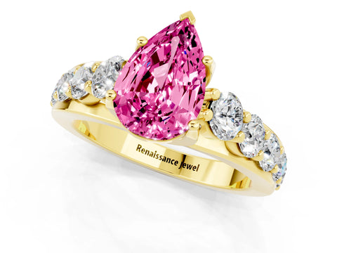 Yellow gold Pear Cut Pink Sapphire Engagement Ring with Pavé Band and Four-Prong Setting_1