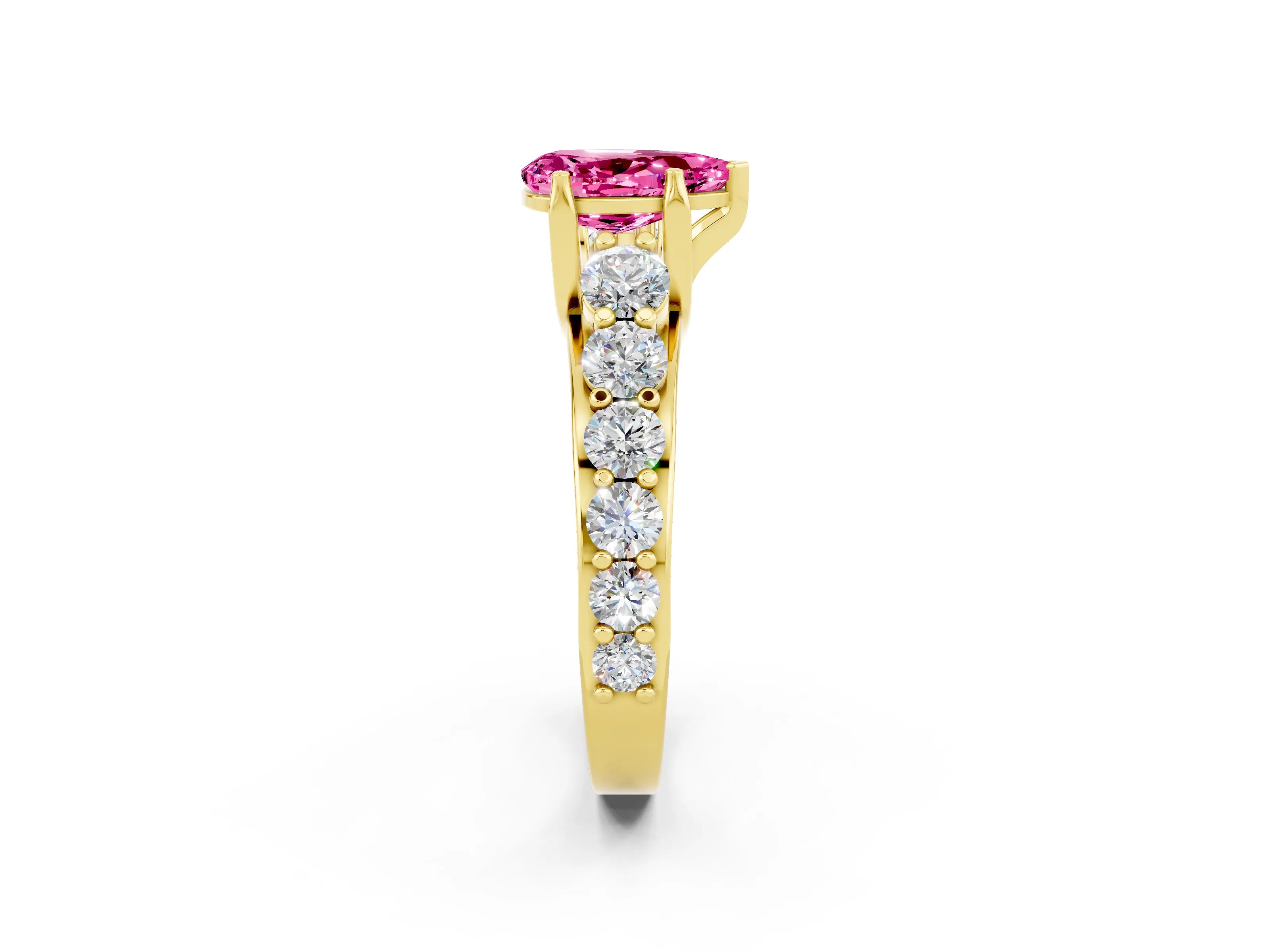 Yellow gold Pear Cut Pink Sapphire Engagement Ring with Pavé Band and Four-Prong Setting_2
