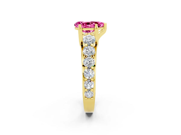 Yellow gold Pear Cut Pink Sapphire Engagement Ring with Pavé Band and Four-Prong Setting