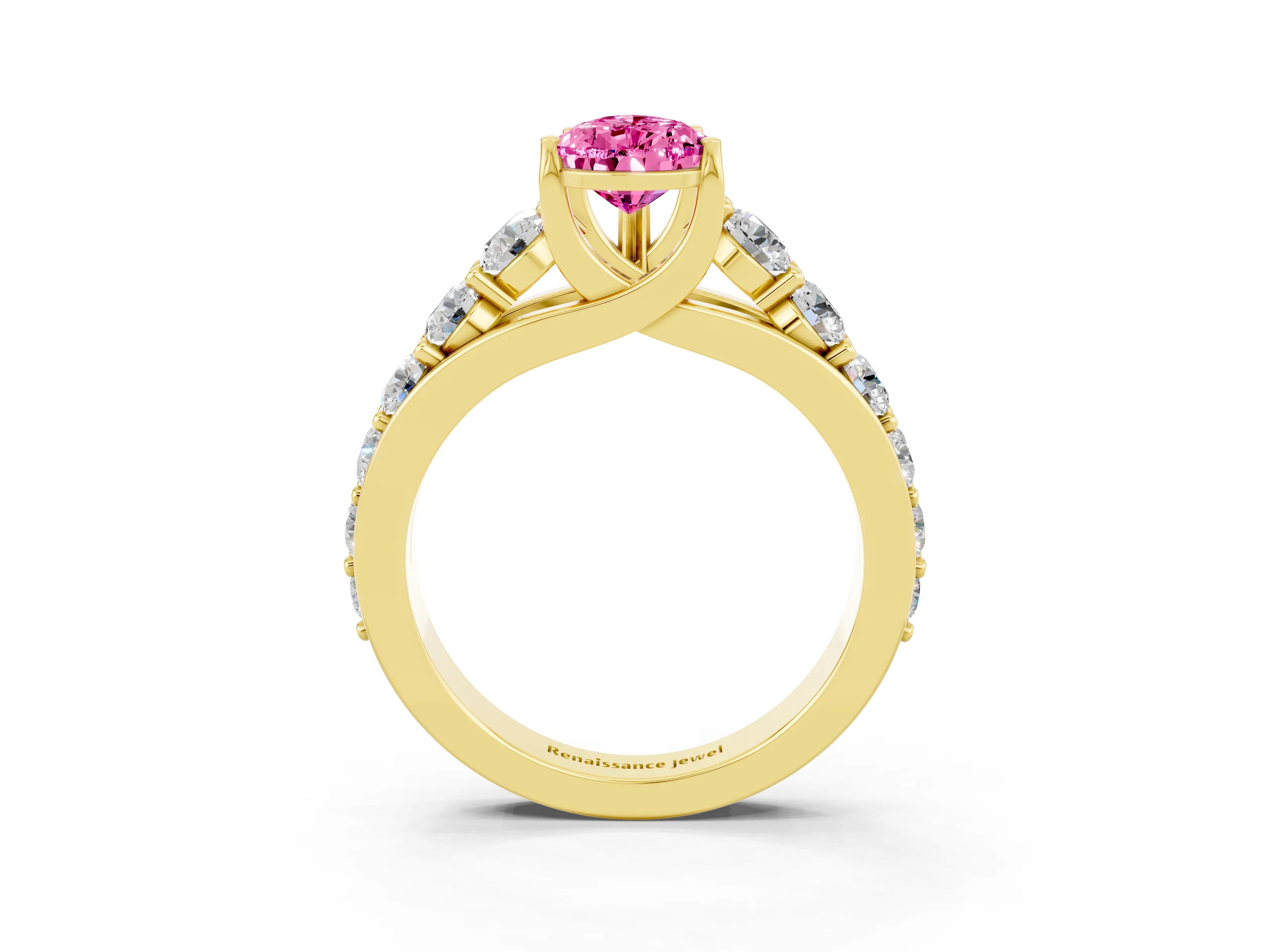 Yellow gold Pear Cut Pink Sapphire Engagement Ring with Pavé Band and Four-Prong Setting_3
