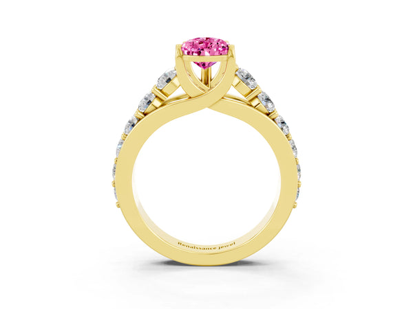Yellow gold Pear Cut Pink Sapphire Engagement Ring with Pavé Band and Four-Prong Setting