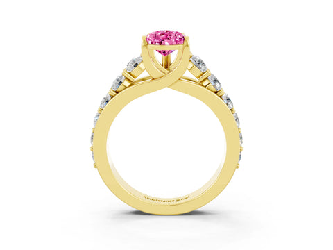 Yellow gold Pear Cut Pink Sapphire Engagement Ring with Pavé Band and Four-Prong Setting_3