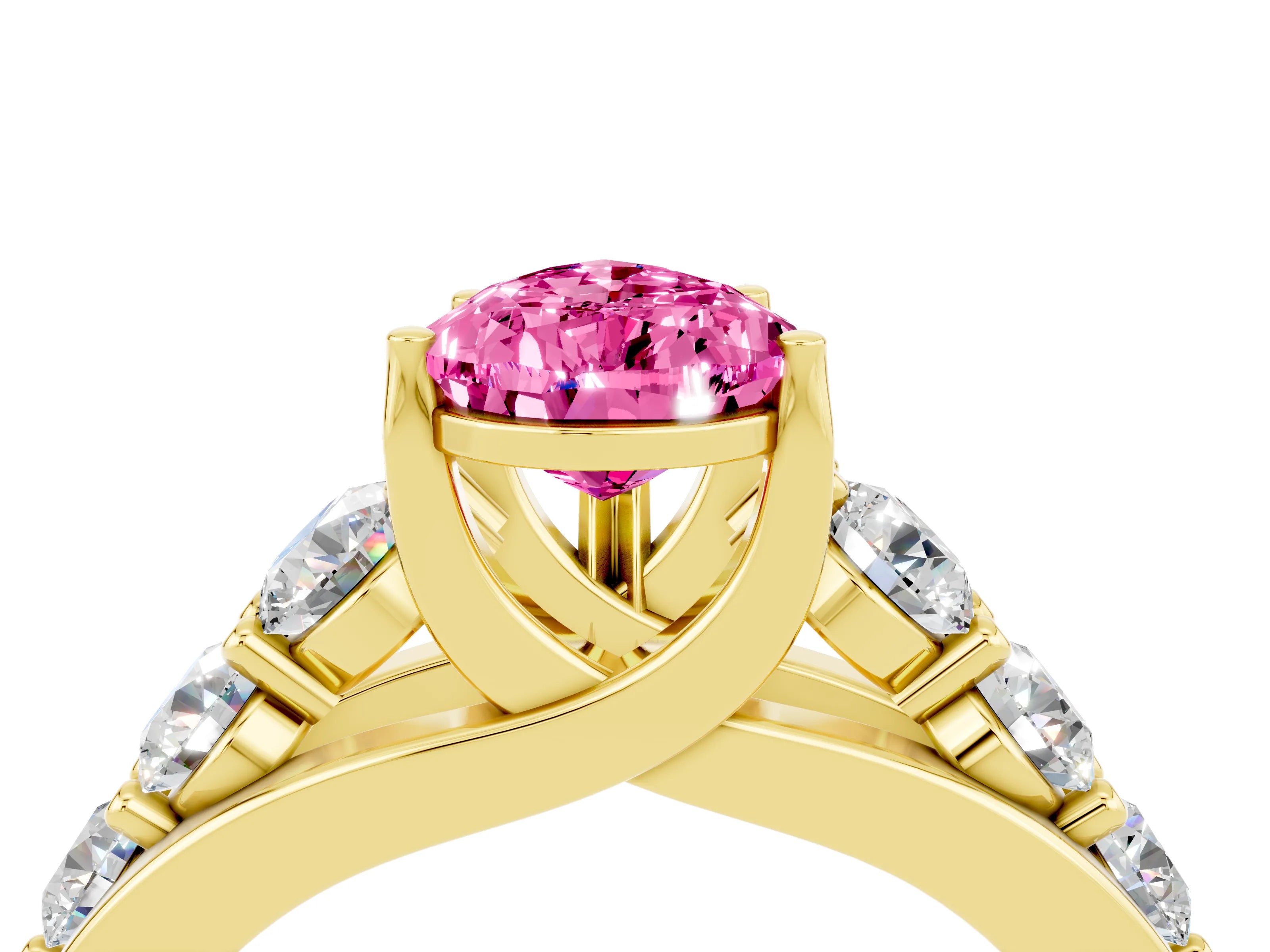 Yellow gold Pear Cut Pink Sapphire Engagement Ring with Pavé Band and Four-Prong Setting_4