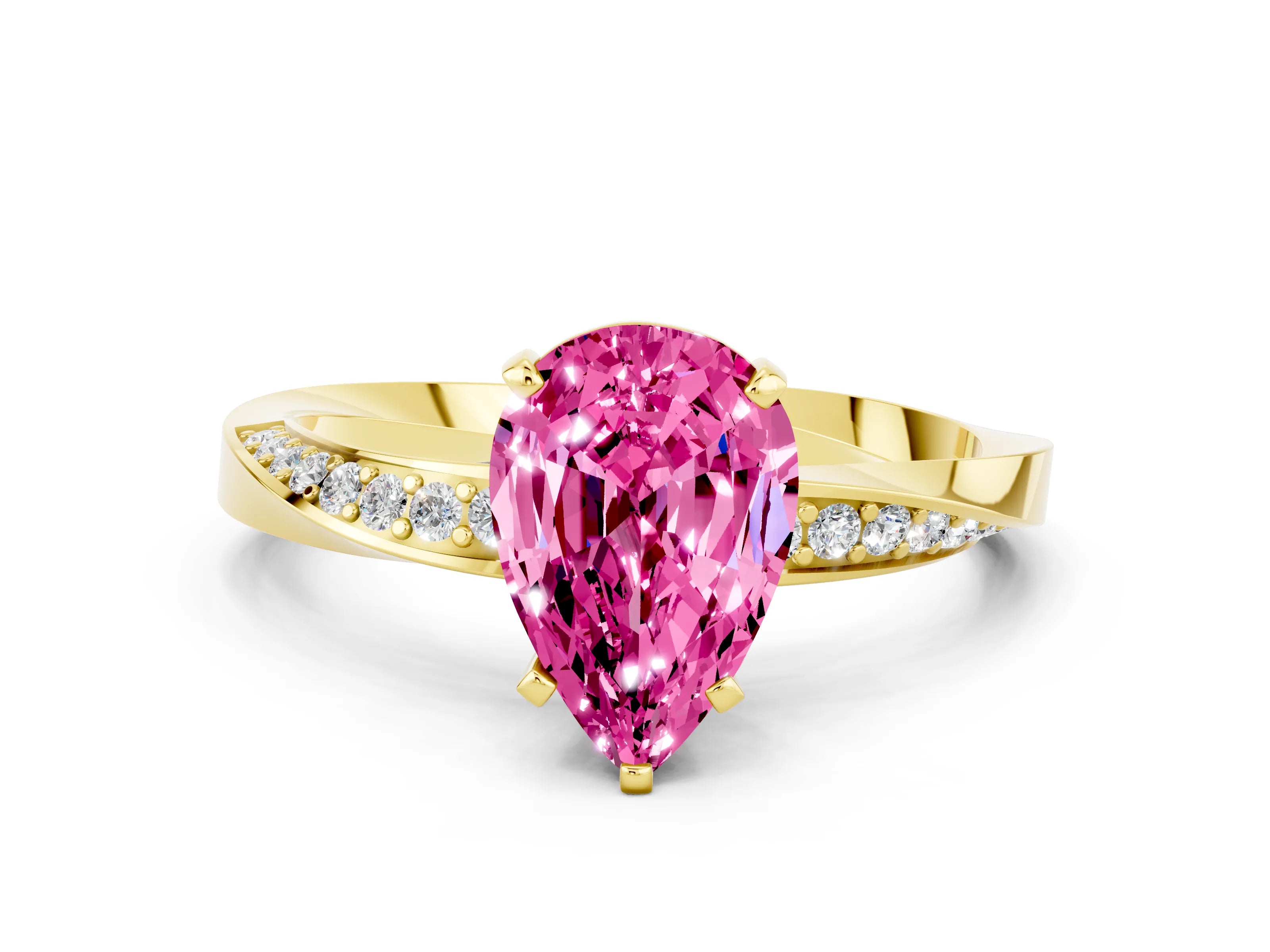 Yellow gold Pear Cut Pink Sapphire Engagement Ring with Side Stone Accents and Four-Prong Setting_51