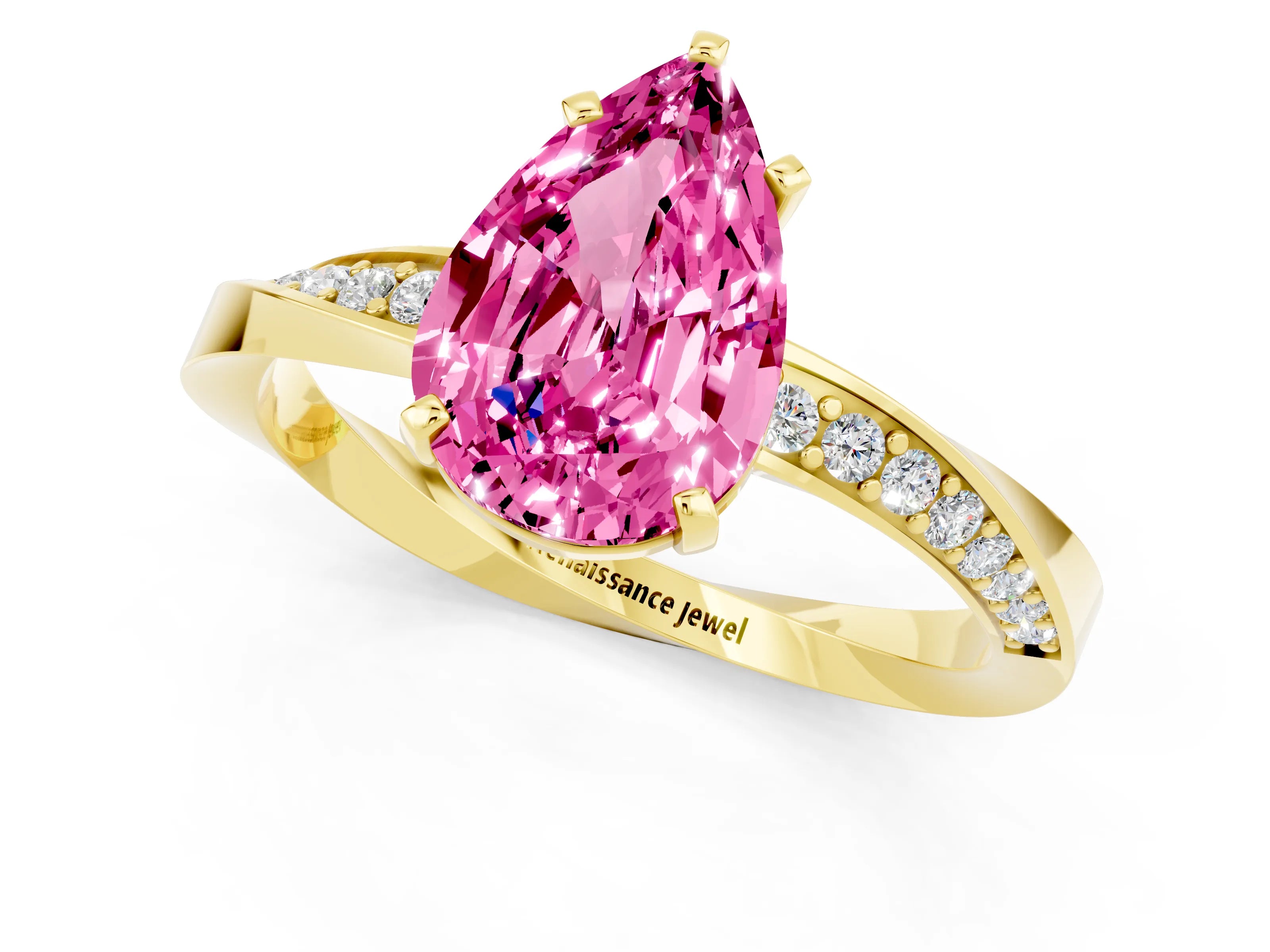 Yellow gold Pear Cut Pink Sapphire Engagement Ring with Side Stone Accents and Four-Prong Setting_52