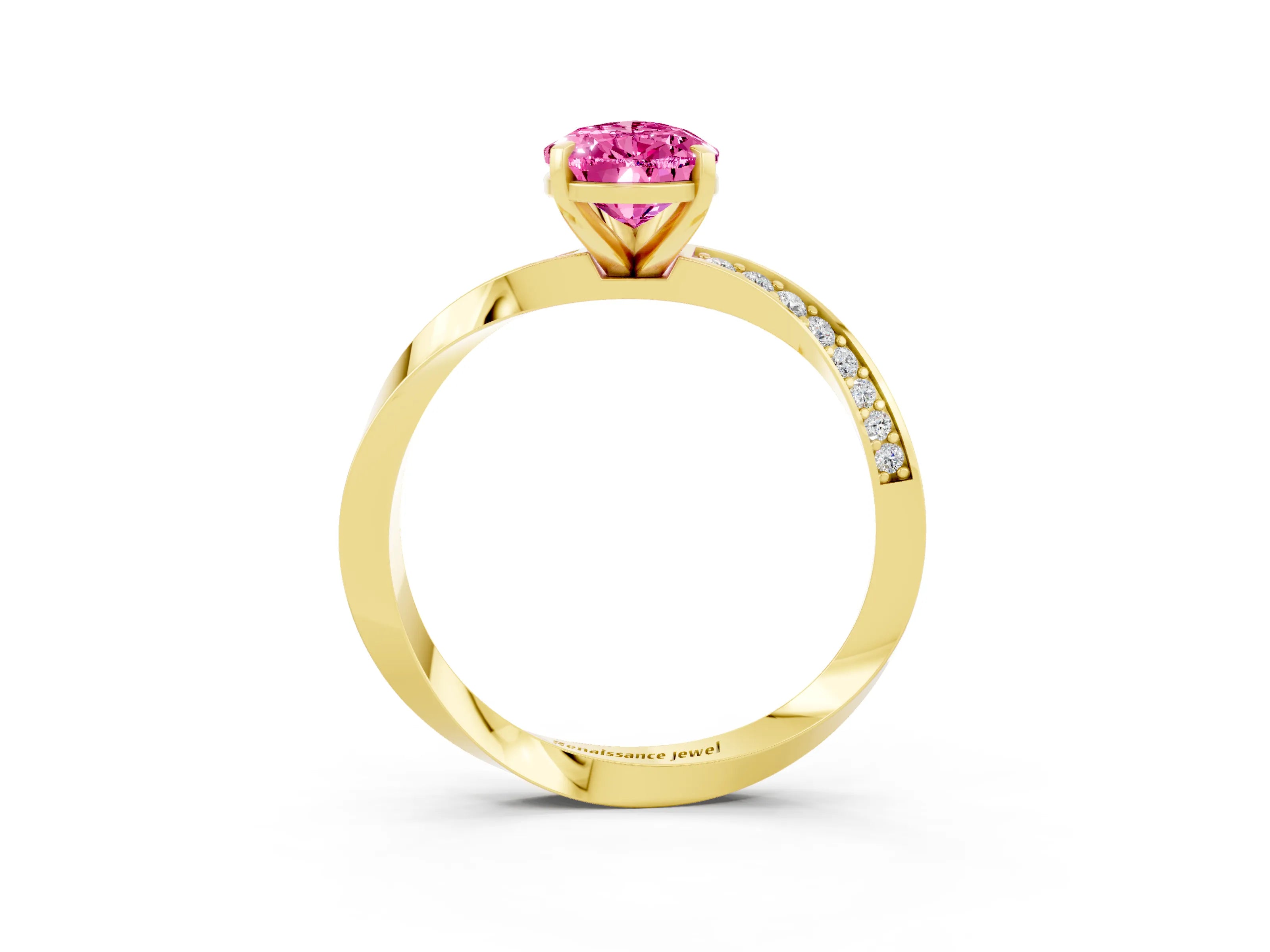 Yellow gold Pear Cut Pink Sapphire Engagement Ring with Side Stone Accents and Four-Prong Setting_54