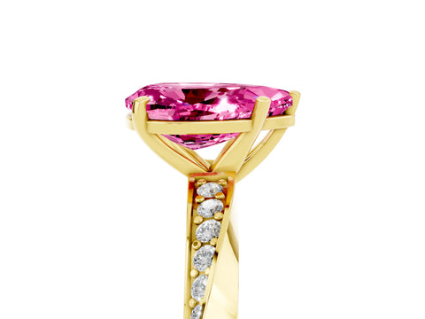 Yellow gold Pear Cut Pink Sapphire Engagement Ring with Side Stone Accents and Four-Prong Setting_56