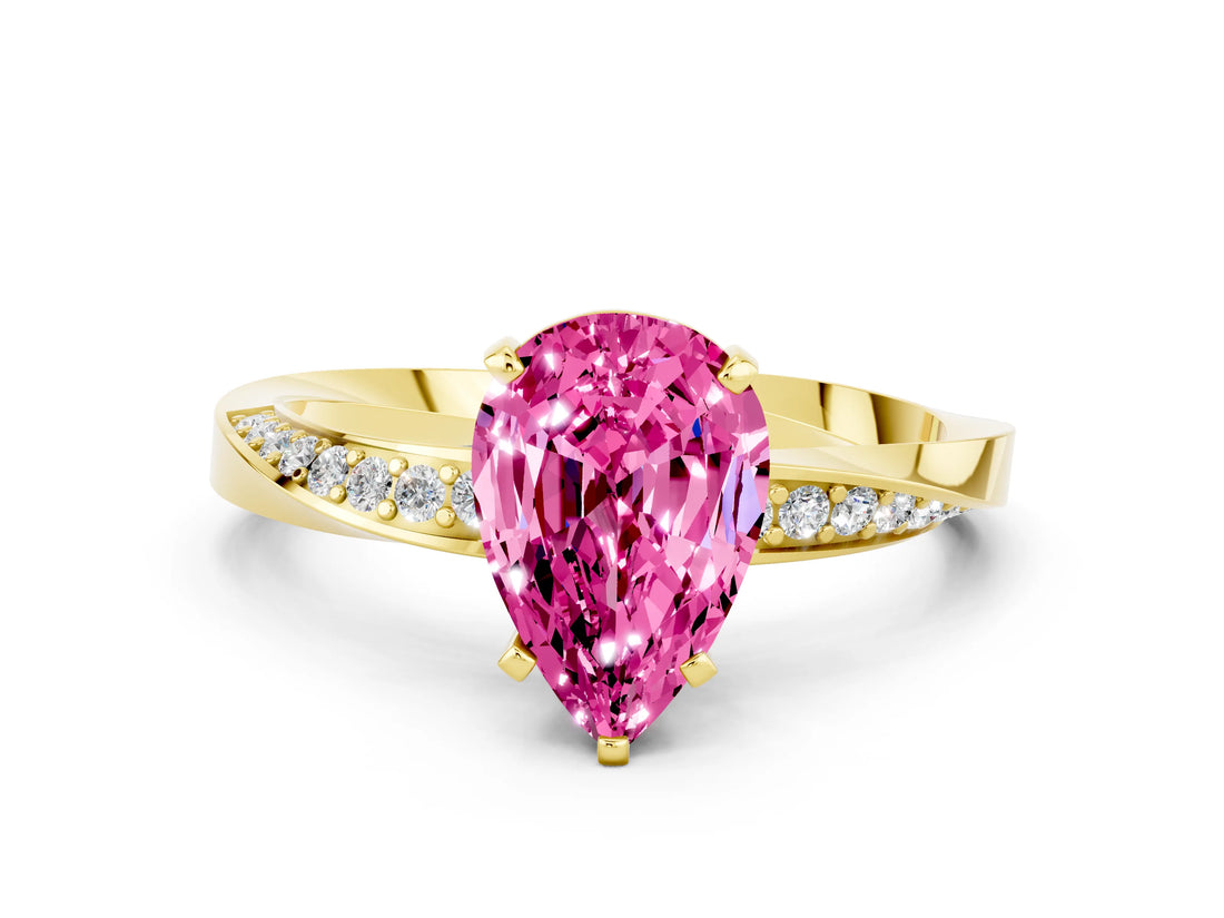 Yellow gold Pear Cut Pink Sapphire Engagement Ring with Side Stone Accents and Four-Prong Setting_60
