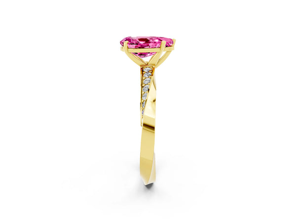 Yellow gold Pear Cut Pink Sapphire Engagement Ring with Side Stone Accents and Four-Prong Setting