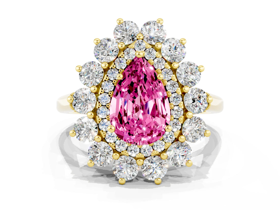 Yellow gold Pear Cut Pink Sapphire Floral Double Halo Engagement Ring with Prong Setting_60