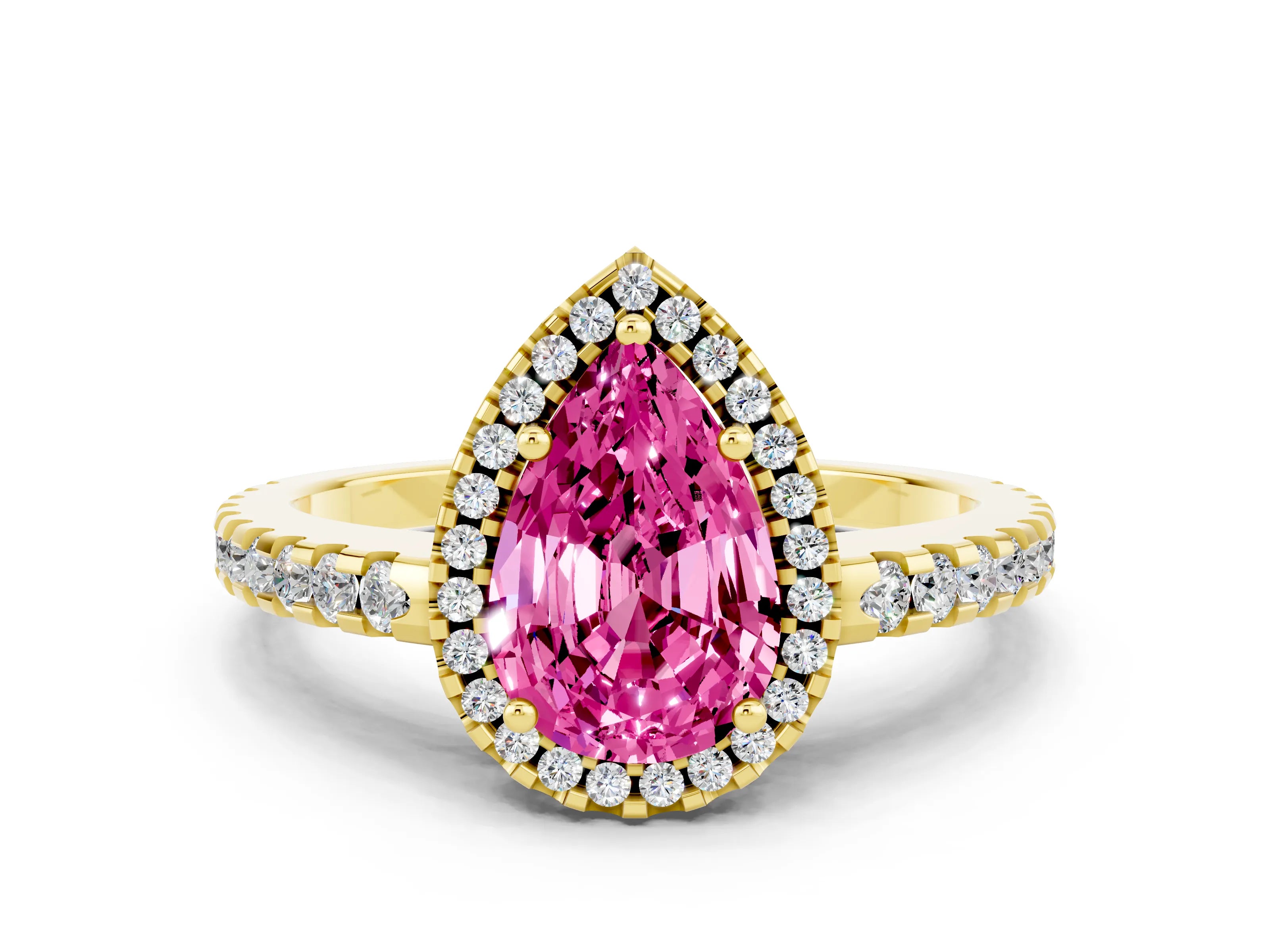 Yellow gold Pear Cut Pink Sapphire Halo Engagement Ring with Pavé Band and Prong Setting_12