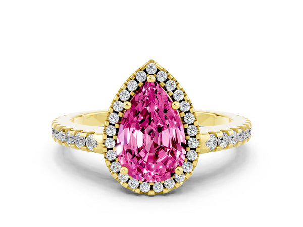 Yellow gold Pear Cut Pink Sapphire Halo Engagement Ring with Pavé Band and Prong Setting
