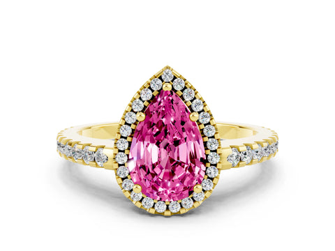 Yellow gold Pear Cut Pink Sapphire Halo Engagement Ring with Pavé Band and Prong Setting_12